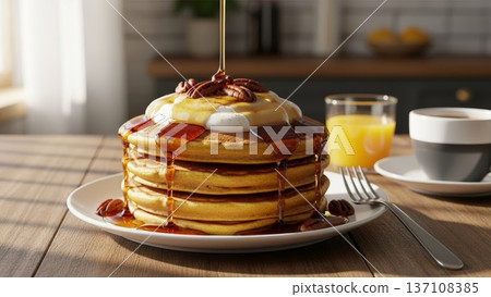 Stack of fluffy pancakes with syrup whipped cream and pecans for breakfast table background and food banner 137108385