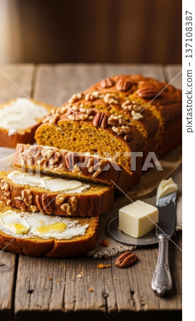 Sliced pumpkin loaf with walnuts and butter for autumn breakfast snack and rustic table background Sliced pumpkin loaf with walnuts and butter for autumn breakfast snack and rustic table background 137108387