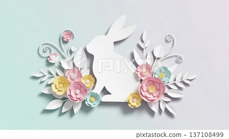 White paper rabbit silhouette with pastel floral wreath for easter banner and spring background design 137108499