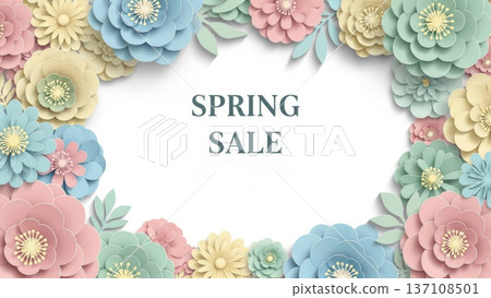 Spring sale floral frame with layered pastel paper flowers for seasonal banner and promotional background design 137108501