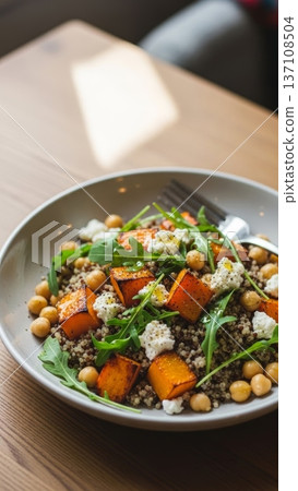 Roasted squash chickpea quinoa salad with arugula and cheese in a bowl for healthy lunch background and menu design Roasted squash chickpea quinoa salad with arugula and cheese in a bowl for healthy lunch background and menu design 137108504