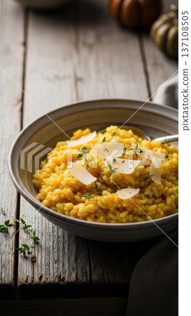 Creamy saffron risotto with shaved parmesan in a rustic bowl for menu, food blog background and restaurant presentation Creamy saffron risotto with shaved parmesan in a rustic bowl for menu, food blog background and restaurant presentation 137108505