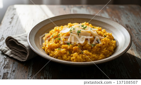 Saffron risotto with parmesan shavings on a rustic plate for restaurant menu, culinary banner and food styling 137108507