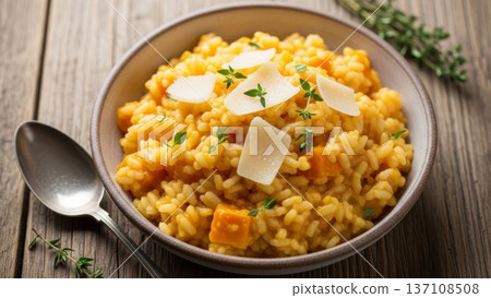 Creamy pumpkin risotto with shaved parmesan and thyme for autumn menu background and cozy dinner banner Creamy pumpkin risotto with shaved parmesan and thyme for autumn menu background and cozy dinner banner 137108508