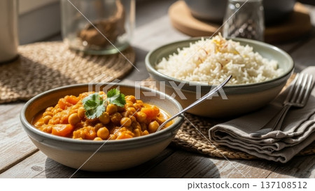 Chickpea curry rice bowl served with rice in ceramic bowls for menu background and recipe card use Chickpea curry rice bowl served with rice in ceramic bowls for menu background and recipe card use 137108512