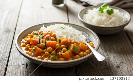 Chickpea curry with rice served in shallow bowl for recipe card and menu background layout 137108513