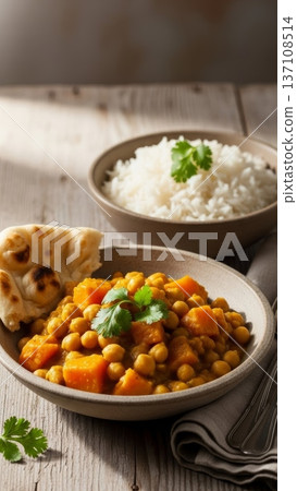 Chickpea curry with rice and naan served in bowl for food menu and recipe card presentation Chickpea curry with rice and naan served in bowl for food menu and recipe card presentation 137108514