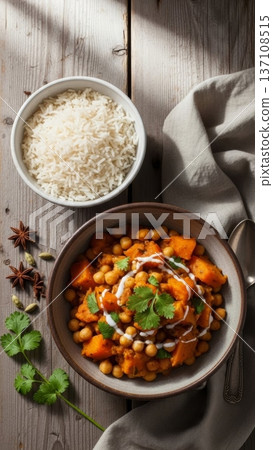 Top view chickpea curry bowl with rice and cilantro for menu background and recipe layout design Top view chickpea curry bowl with rice and cilantro for menu background and recipe layout design 137108515