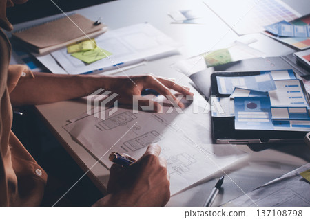 UXUI design brainstorming session with sketches and digital tools 137108798