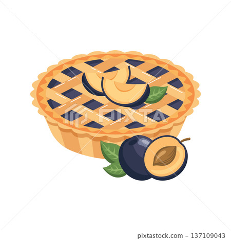 Delicious plum pie with a lattice crust and fresh fruits. Food illustration. Delicious plum pie with a lattice crust and fresh fruits. Food illustration. 137109043