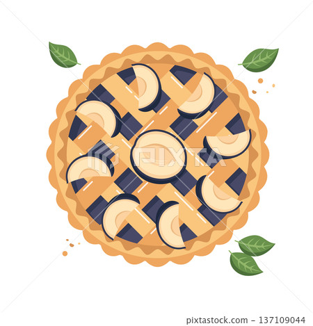 Delicious plum pie top view with a lattice crust and fresh fruit. Food illustration. Delicious plum pie top view with a lattice crust and fresh fruit. Food illustration. 137109044