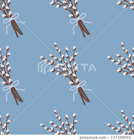 Seamless pattern with pussy willow branches with bows on a blue. Festive spring background. 137109050