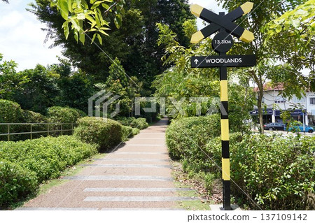 Scenic Urban Trail Signpost in Tropical Greenery 137109142