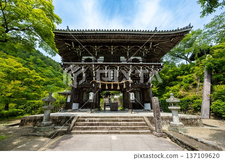 The main gate (romon gate) of Zenpo-ji Temple in Nishiyama, Kyoto. A scene from early summer surrounded by fresh greenery. The main gate (romon gate) of Zenpo-ji Temple in Nishiyama, Kyoto. A scene from early summer surrounded by fresh greenery. 137109620
