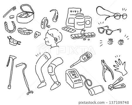 Care, nursing, medical illustrations (dentures, medicine, canes, blood pressure monitors, etc.), line drawings 137109748