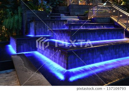 Illuminated Waterfall Feature Modern Architecture Illuminated Waterfall Feature Modern Architecture 137109793