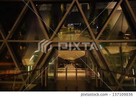 Modern Geometric Architecture Illuminated Glass Walkway Modern Geometric Architecture Illuminated Glass Walkway 137109836