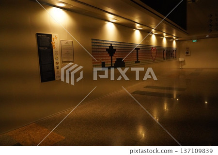 Modern Lit Hallway Interior with Abstract Wall Art 137109839