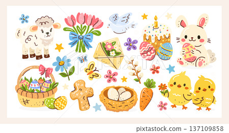 Cute pastel Easter clipart set with bunny, chicks, lamb, decorated eggs, basket, cake, flowers, dove, carrot, nest and icons. Perfect for cards, invitations, stickers, scrapbooking and prints. Cute pastel Easter clipart set with bunny, chicks, lamb, decorated eggs, basket, cake, flowers, dove, carrot, nest and icons. Perfect for cards, invitations, stickers, scrapbooking and prints. 137109858