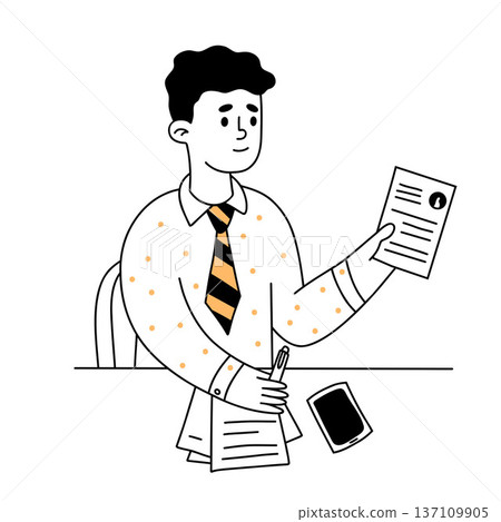Professional Businessman Reviewing Documents and CV for Career Opportunity. Doodle hand-drawn. Vector illustration 137109905