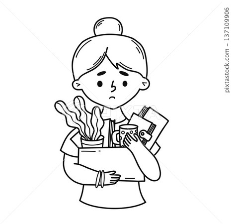 Sad Woman Leaving Office with Box of Personal Belongings. Line Art Hand Drawn Doodle. Concept Work Female Character Employee. Vector illustration 137109906