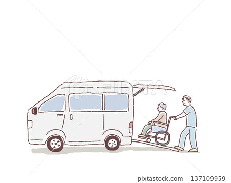 Caregivers and nurses transporting elderly people in wheelchairs to shuttle buses Caregivers and nurses transporting elderly people in wheelchairs to shuttle buses 137109959