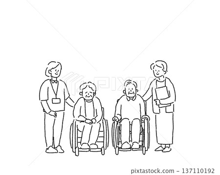 護理、福利插圖（輪椅、護理經理、護士、護理員、老年人）、線條畫 137110192