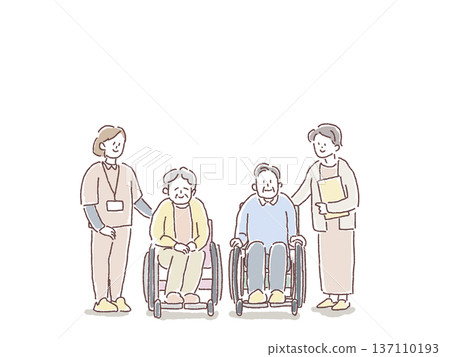 Nursing care, welfare illustrations (wheelchair, care manager, nurse, caregiver, elderly person) 137110193