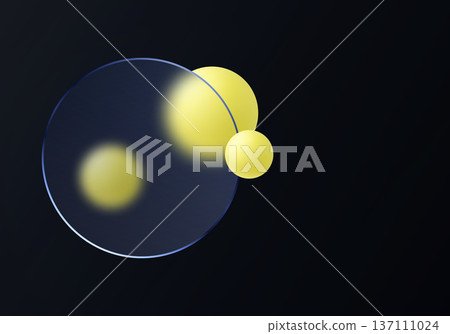 Abstract dark composition with translucent circular glass panel and bright yellow spheres. 137111024