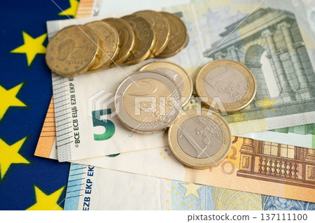 Euro and US dollar banknote cash money, finance economic banking business exchange market concept. Euro and US dollar banknote cash money, finance economic banking business exchange market concept. 137111100