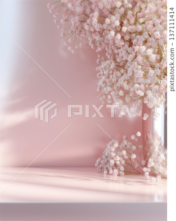 A pink space and a display stand of lovely flowers, bathed in warm sunlight. A pink space and a display stand of lovely flowers, bathed in warm sunlight. 137111414