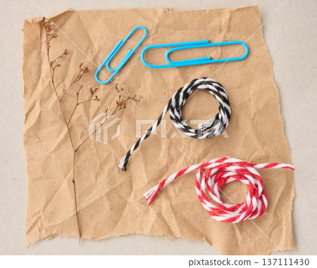 A torn sheet of crumpled craft paper with a sprig of dried flowers, two blue paper clips and curls of colored rope A torn sheet of crumpled craft paper with a sprig of dried flowers, two blue paper clips and curls of colored rope 137111430