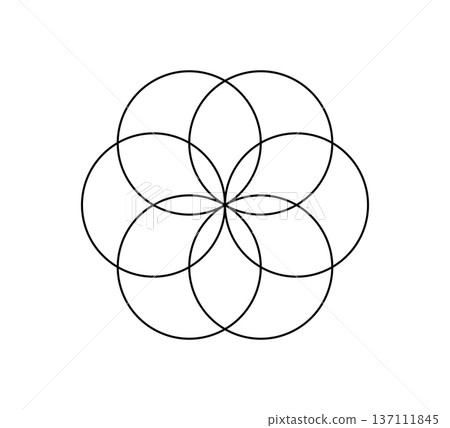 Six intersecting circles. Circle Venn diagram with six parts. Infographic chart line icon. 6 overlap balance elements diagram. Vector illustration isolated on white background Six intersecting circles. Circle Venn diagram with six parts. Infographic chart line icon. 6 overlap balance elements diagram. Vector illustration isolated on white background 137111845