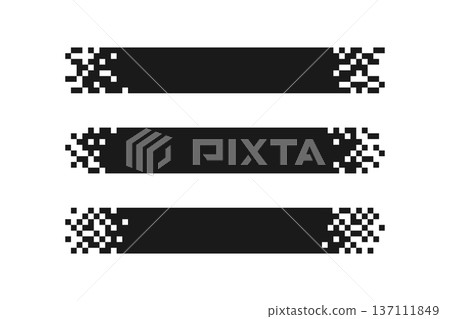 Pixel rectangle header. Pixel gradient title set. Horizontal stripe geometric mosaic banner. Abstract game digital pattern. Web black title shape. Vector illustration isolated on white background 137111849