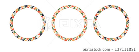 Mexican pattern circle frame. African ethnic motif border. Aztec triangular ornament round frame. Mexican text frame. African ethnic culture ornament. Vector illustration isolated on white background 137111851