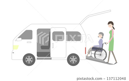 一位坐在輪椅上的老年婦女和一輛福利車 137112048