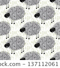 Funny curly sheep seamless pattern on grassy field background 137112061