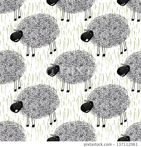 Funny curly sheep seamless pattern on grassy field background 137112061