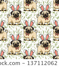 Cute pug dog wearing bunny ears seamless pattern with floral branches 137112062
