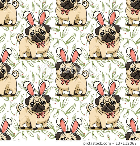 Cute pug dog wearing bunny ears seamless pattern with floral branches 137112062
