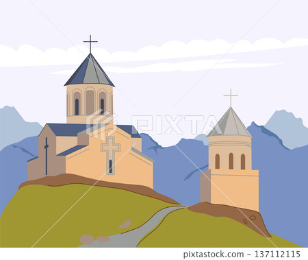 Trinity Church in Gergeti, near Mount Kazbek. View of the ancient church in the Georgian village of Gergeti. Vector illustration of Georgian landmark. Scene at the foot of the mountain range. 137112115