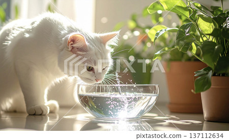 An image of spending peaceful time with pets in a bright, light-filled living room 137112634