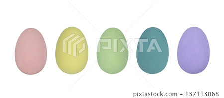 Five pastel-colored eggs in shades of pink, yellow, green, blue, and purple arranged in a row against a white background for seasonal decoration or holiday themes 137113068