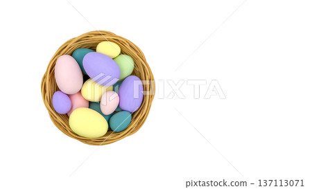 Colorful decorative eggs in a woven basket, featuring pastel shades of blue, pink, yellow, and green, arranged neatly on a white background for festive occasions Colorful decorative eggs in a woven basket, featuring pastel shades of blue, pink, yellow, and green, arranged neatly on a white background for festive occasions 137113071