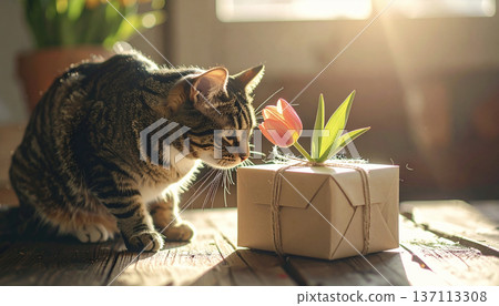 A cute cat gazing curiously at a birthday or anniversary gift and tulips 137113308