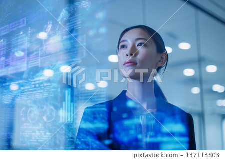 一位女商人正在觀看人工智慧數位顯示器DX圖像。 137113803