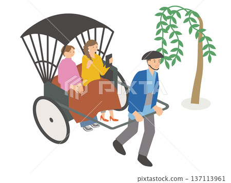 插圖描繪了一位女士和她的人力車夫乘坐人力車觀光的場景。 137113961