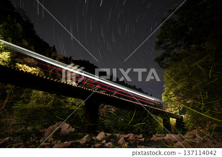 鐵路橋和夏夜的夜空，螢火蟲翩翩起舞 137114042