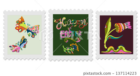 A set of three spring postage stamps. Festive, bright Easter motifs with folk art. Vector isolated elements. A set of three spring postage stamps. Festive, bright Easter motifs with folk art. Vector isolated elements. 137114223