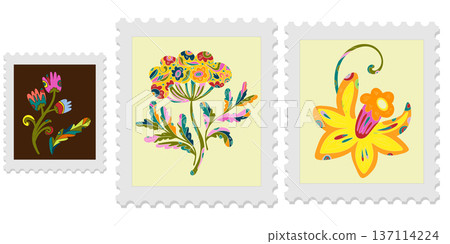 A set of three spring postage stamps. Festive, bright Easter motifs with folk art. Vector isolated elements. A set of three spring postage stamps. Festive, bright Easter motifs with folk art. Vector isolated elements. 137114224
